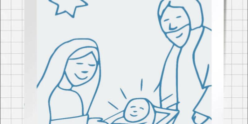 Maria und Josef schauen auf das Kind in der Krippe. Über ihnen leuchtet der Stern.